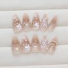 Rchovsam 3D Butterfly Press on Nails Long Almond False Nails White Floral Design Fake Nails Gold Glitter Press Ons Gift for Women 24pcs