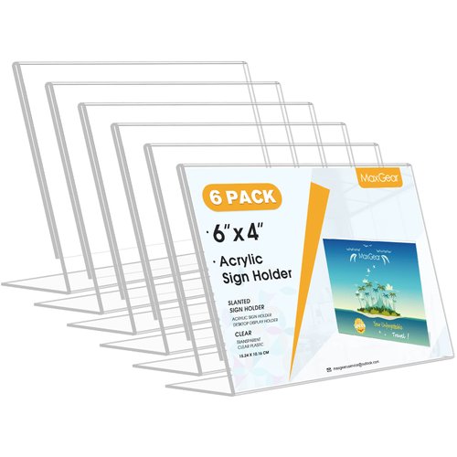 MaxGear Sign Holder 4X6 inches Slanted Acrylic Sign Holders Plastic Display Stand Clear Paper Holder Tabletop Picture Frame for Office, Home, Restaurant, Exhibition, Reception-Landscape, 6 Pack