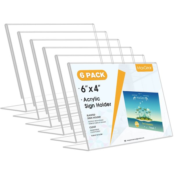 MaxGear Sign Holder 4X6 inches Slanted Acrylic Sign Holders Plastic Display Stand Clear Paper Holder Tabletop Picture Frame for Office, Home, Restaurant, Exhibition, Reception-Landscape, 6 Pack