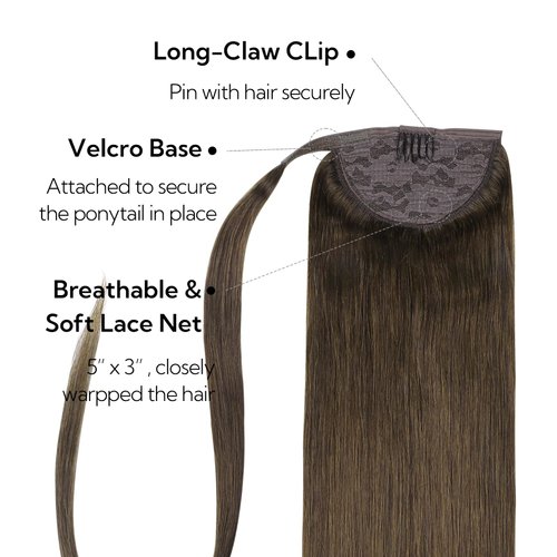 HOTBANANA Ponytail Extension, 22 Inch Ponytail Extension Human Hair Clip in Wrap Around Ponytail Hair Piece Chocolate Brown Long Straight Remy Human Hair Extension 90g