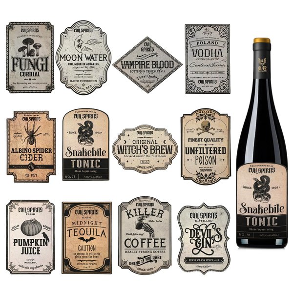 36pcs Halloween Wine Bottle Labels, Waterproof Wine Labels Potion Bottle Labels Stickers Apothecary Decals Wine Bottle Stickers for Halloween Party Decor