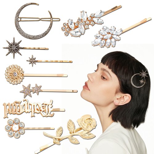 10Pieces Rhinestone Bobby Pin Stars and Moon Hair Clips Gold Metal Alloy Rose Hair Pin Clear Crystal Hair Barrettes Decoration Hair Accessories for Women Girls