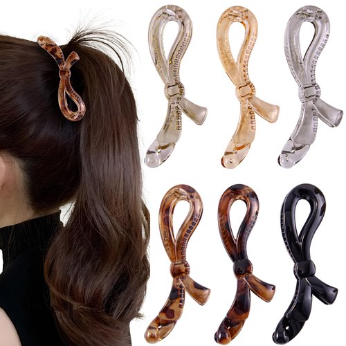 Cptots 6 PCS Banana Hair Clips for Women 4.1Inch Flat Hair Clips Cute Bows Claw Clips Strong Hold Ponytail Holder Clip for Thick And Thin Hair,Black And Transparent Multicolor