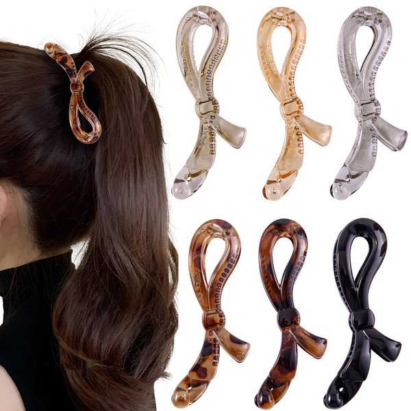 Cptots 6 PCS Banana Hair Clips for Women 4.1Inch Flat Hair Clips Cute Bows Claw Clips Strong Hold Ponytail Holder Clip for Thick And Thin Hair,Black And Transparent Multicolor