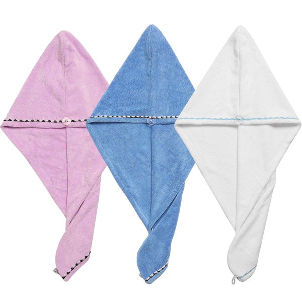 Borogo Hair Towel Wrap Turban Microfiber Drying Bath Shower Head Towel with Buttons, Quick Magic Dryer, Dry Hair Hat, Wrapped Bath Cap (White & Blue & Pink)