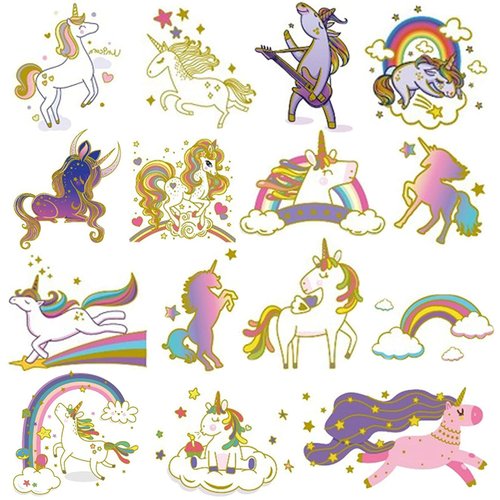 Ooopsiun Glitter Unicorn Temporary Tattoos for Girls, 9 Sheets Gold Unicorn Birthday Party Supplies Decorations for Kids, Fake Tattoos Stickers