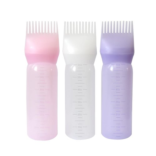 YANTAISIYU 3 Pieces Root Comb Applicator Bottle 6 Ounce Hair Oiling Applicator Hair Dye Bottle with Graduated Scale Hair Root Comb for Hair Dying (3 Colors)