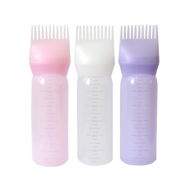 YANTAISIYU 3 Pieces Root Comb Applicator Bottle 6 Ounce Hair Oiling Applicator Hair Dye Bottle with Graduated Scale Hair Root Comb for Hair Dying (3 Colors)