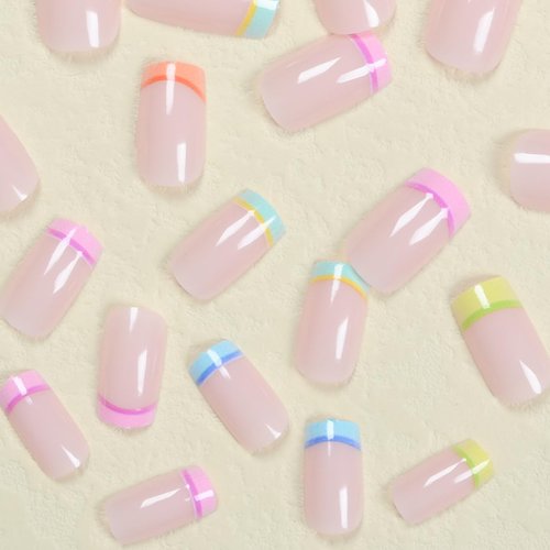 Curvlife Rainbow Short Press On Nails Stick On Nails Short Fake Nails Design Glossy Acrylic Nails Stick On Nails Tips Glue On Nails False Nails For Women Nail Kit With Nail Glue
