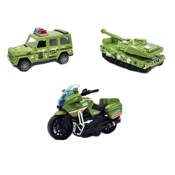 Sumac Friction Powered 3-in-1 Military Vehicle Set – Tank, Armored Car, Motorbike | Die-Cast Alloy Pull-Back Toy Cars for Kids