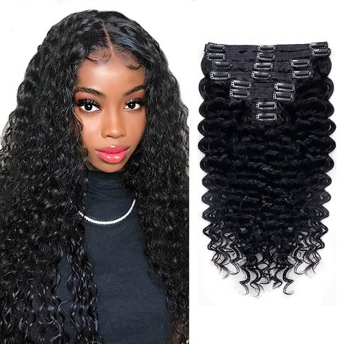 Lysilf Deep Wave Clip in Hair Extensions Real Human Hair Deep Curly Clip Ins for Black Women 8Pcs Brazilian Remy Human Hair Extensions with 18Clips 120g Double Lace Weft (18Inch, Natural Black)