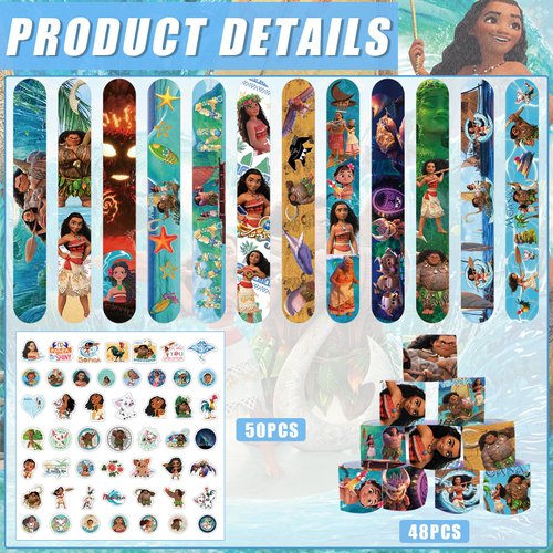 98 Pieces Moana Party Supplies, Moana Theme Slap Bracelets and Stickers Moana Party Favors for Kids Birthday Party