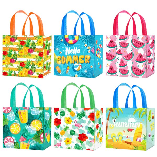 Hawaii Aloha Party Bags Summer Pool Beach Pineapple Watermelon Flamingo Theme Non-Woven with Handles Gift Treat Bags for Hawaiian Summer Pool Party Supplies