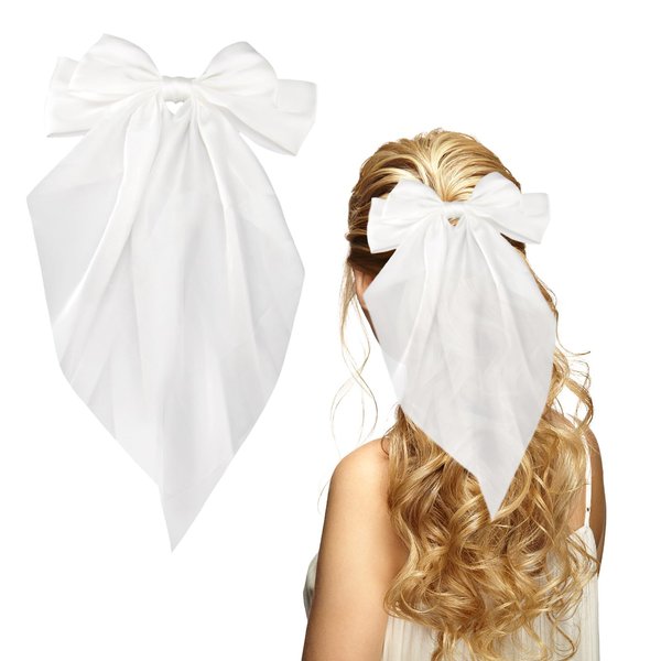 OOTDAY Hair Bows, Hair Ribons, Big Hair Bows for Women, Oversized Long Tail Hair Bow, Cute Hair Accessories for Birthday Gifts Women Kids(White)