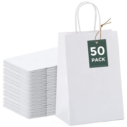 GSSUSA 50 Pcs White Kraft Paper Bags 5.25x3.75x8, Small Paper Bags with Handles for Shopping, Gift, Merchandise, Retail, Party Favor, Wedding, Gift Bags, Bags for Small Business, Boutique