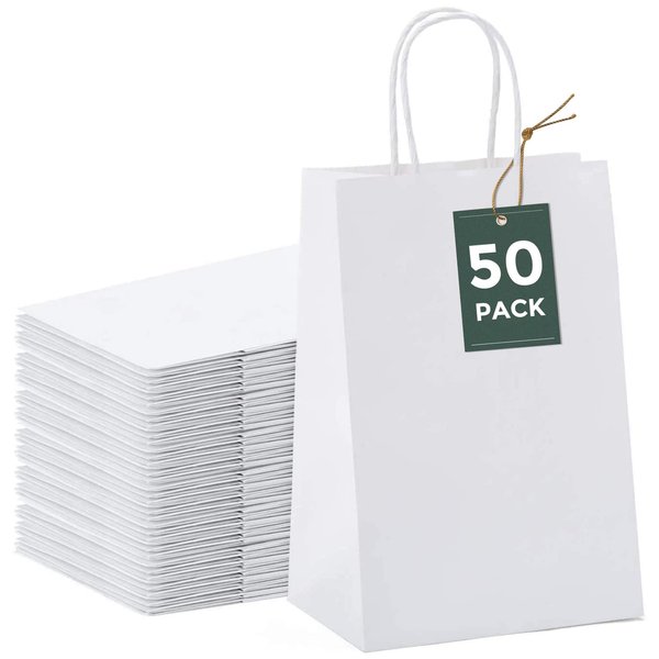 GSSUSA 50 Pcs White Kraft Paper Bags 5.25x3.75x8, Small Paper Bags with Handles for Shopping, Gift, Merchandise, Retail, Party Favor, Wedding, Gift Bags, Bags for Small Business, Boutique