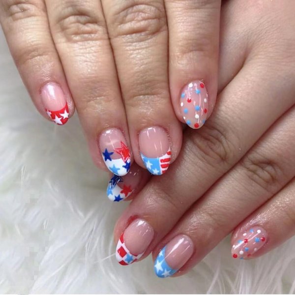 4th of July Press on Nails French Tips Almond Shaped Fake Nails Stars Cherry Designs Independence Day Patriotic False Nails Pink Glossy Artificial Stick Glue on Nails for Women Girls 24 Pcs