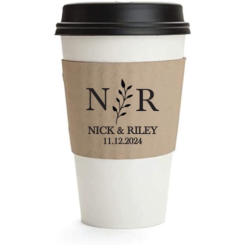 Initial Foliage Coffee or Hot Chocolate Sleeve, Personalized for Weddings, Anniversary, Engagement Parties, Kraft Paper Cup Sleeves, Eco-Friendly Disposable Corrugated Sleeves for 12oz to 20oz Cups