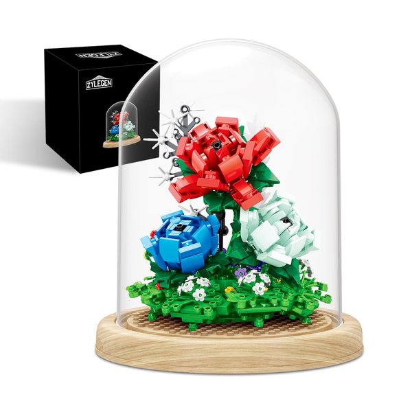 ZYLEGEN Rose Bouquets Building Toy with Glass Dome,Bonsai Tree Building Blocks Toy for Home Décor,Botanical Collection Idea for Mom Her Lover Women(624Pcs)