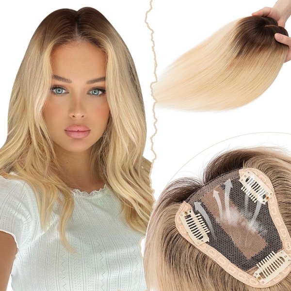 Rich Choices Hair Toppers for Women Real Human Hair Remy Human Hair Topper for Women 12inch #JL613 Brown to Bleach Blonde Hair Toppers for Thinning Hair Clip in Hair Topper Silk Base More Realistic