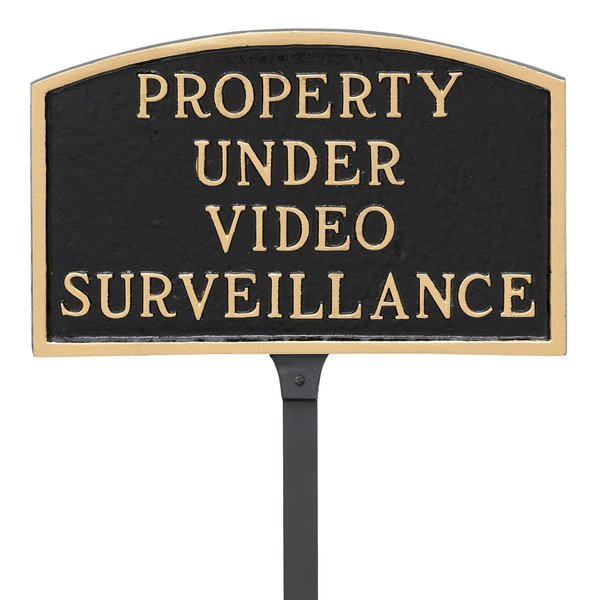 Montague Metal Products 5.5" x 9" Small Arch Property Under Video Surveillance Statement Plaque Sign with 17.5" Lawn Stake - Black/Gold