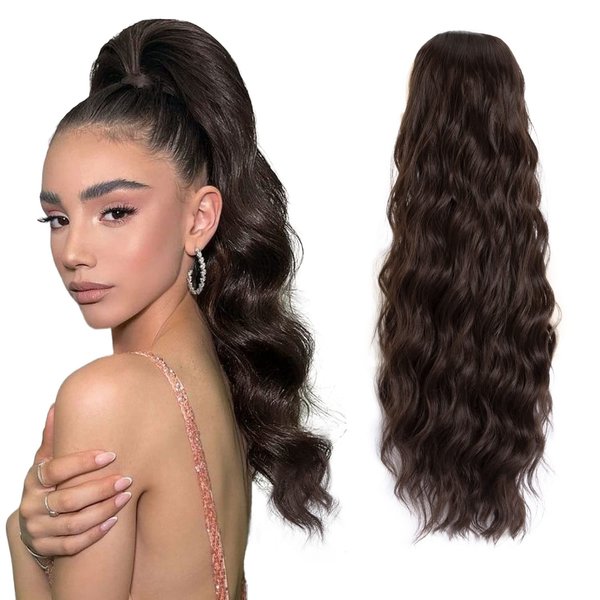 Adancyler Drawstring Ponytail Extension for Women 26 Inch Long Body Wavy Pony Tails Hair Extensions Synthetic Clip in Fluffy Hairpieces for Daily Use(Dark Brown)