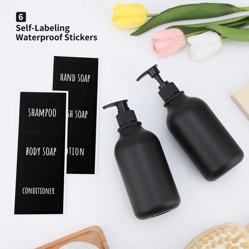 Segbeauty Matte Black Shampoo Dispenser, 2pcs 16.9oz Empty Refillable Pump Bottle with Labels, 500ml Plastic Press Lotion Dispenser Bathroom Shower Containers for Conditioner Body Soap Hand Soap