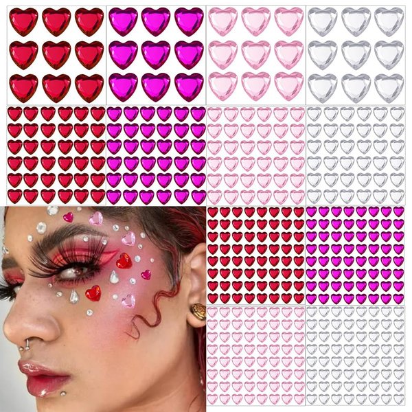 436 Pieces Heart Rhinestone Sticker Gems for Valentine Face Eye Body Makeup, 3D Self-Adhesive Acrylic Crystal Heart Hair Jewels Stickers for Wedding Valentine's Day Decor DIY Craft Decoration Acc