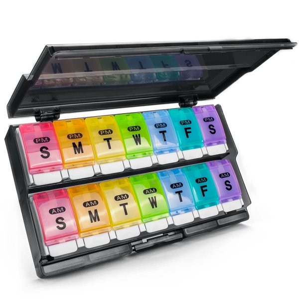 Weekly Pill Organizer 2 Times a Day - Remtise Am/Pm Daily Pill Case Medicine Organizer, Push Button 7 Day Pill Box for Pills/Vitamin/Cod Liver Oil/Supplements (Rainbow)