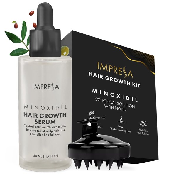 IMPRESSA Hair Growth Kit, 5% Minoxidil with Biotin and Natural Oil, Hair Regrowth for Men and Women, Hair Loss Treatments, Scalp Massager, 1.7 Fl Oz, Unisex Adult