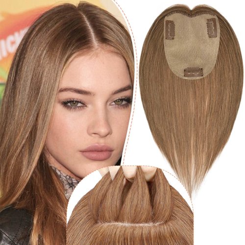 POWERASIA Hair Toppers for Women Real Human Hair Extensions with Thinning Hair No Bangs Wiglets Upgrade 3.9x4.7Inch Silk Base Clip ins Hair Pieces 150% Density Remy Hair Wig Topper #6 Light Brown