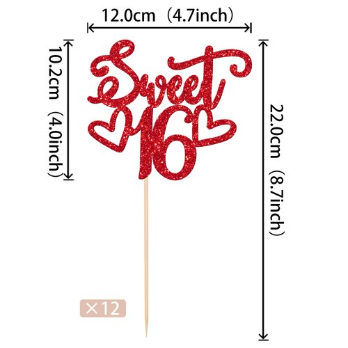 12 PCS Sweet 16 Centerpiece Sticks Double Sided Glitter Happy 16th Birthday Cake Toppers Number 16 Centerpieces for Tables Flower Topper Decorations 16th Birthday Party Centerpiece Supplies Red