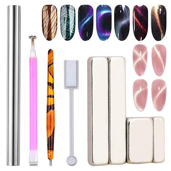 YECIRALA 8 Pcs Nail Art Cat Eye Magnet For Nails Cat Eye Gel Nail Polish Magnet Tools Set Cylindrical Flower Nail Magnet Nails Square Round Magnet Stick Cat Eye Design Double Ended Magnetic Pens