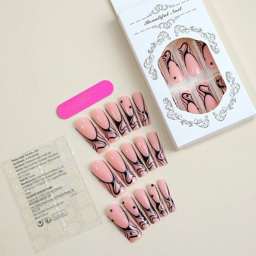 ANDGING French Tip Press on Nails Square Long Black Fake Nails with Glue Acrylic Curved Ballerina Glue on Nails with Designs Fantasy Gel Manicure False Nail for Women Stick ons Nails for Wedding JKU8
