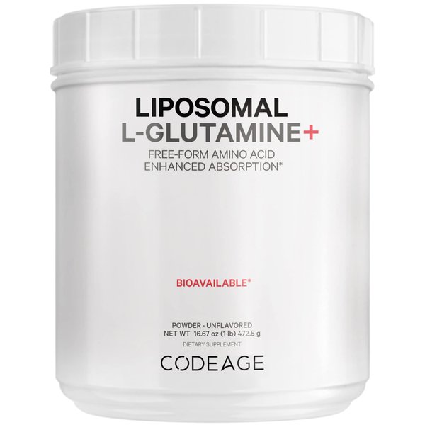 Codeage L-Glutamine Powder 5000mg Glutamine Supplement, Free-form Amino Acid, Liposomal Delivery for Absorption, 3-Month Supply, Vegan & Non-GMO, Gut Health, Performance, and Muscles Support, 16.67 oz