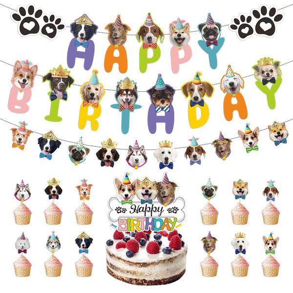 Dog Birthday Party Supplies - 25pcs Dog Party Decorations, Dog Theme Birthday Decorations Include 2 Happy Birthday Banner and Cake Topper, for DIY Dog First Birthday Christmas Gifts Boys and Girls