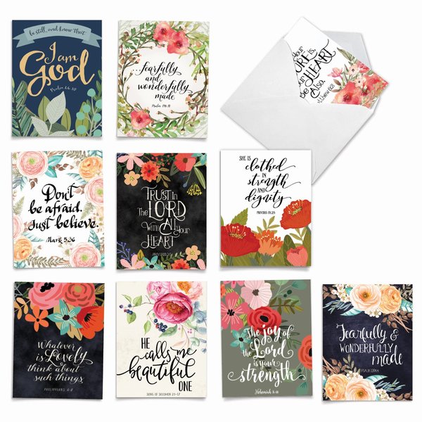 The Best Card Company - 10 Assorted Biblical Quotes Blank Encouragement Notecards Box Set 4 x 5.12 Inch w/Envelopes Religious Christian Verse (10 Designs, 1 Each) - Praise Papers M6635OCB