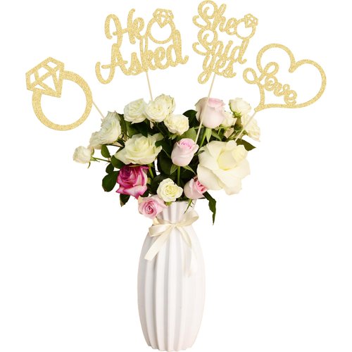 Gyufise 12Pcs He Asked She Said Yes Centerpiece Sticks Double Sided Love Heart I Do Ring Table Centerpiece Sticks for Wedding Engagement Bridal Theme Party Supplies Gold