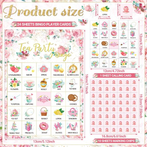 Shappy 35 Pcs Tea Party Bingo Game Christmas 24 Players Floral Tea Party Bingo Cards Garden Tea Party Games for Kids Family School Classroom Activities Birthday Bridal Baby Shower Wedding Party Favors