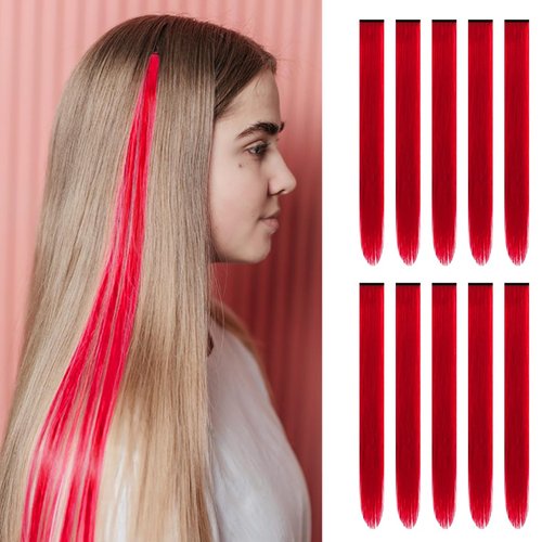 Netoe 10 Pcs Colored Clip in Hair Extensions 22" Long Straight Rainbow Hairpieces Multi-colors Synthetic Hair Accessories Colorful Party Highlights for Girls Kids Party Cosplay Use（Red)