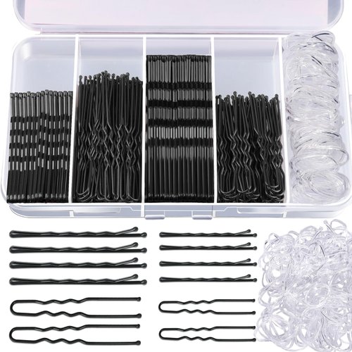 Teenitor 300pcs Hair Pins Bobby Pins Black, 100 Black Bobby Pins 100 Hair Pins for Women and 100 Clear Hair Bands Kit, Black Hair Pins for Buns 2" 2.36" and Black Bobby Pins 2" 2.75"