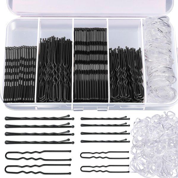 Teenitor 300pcs Hair Pins Bobby Pins Black, 100 Black Bobby Pins 100 Hair Pins for Women and 100 Clear Hair Bands Kit, Black Hair Pins for Buns 2" 2.36" and Black Bobby Pins 2" 2.75"