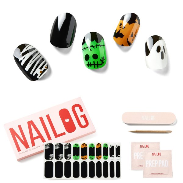 NAILOG Semi Cured Gel Nail Strips (20 Extra Long Polish Stickers/Wraps) | Glossy & Long Lasting Soft Gel Finishing (Little Monsters)
