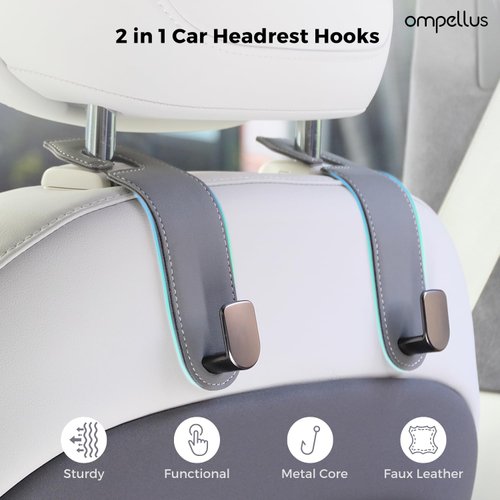 Ompellus Car Headrest Hook, 2 Pack Leather Car Seat Hooks for Purses and Bags, Car Organization Accessories (Black)