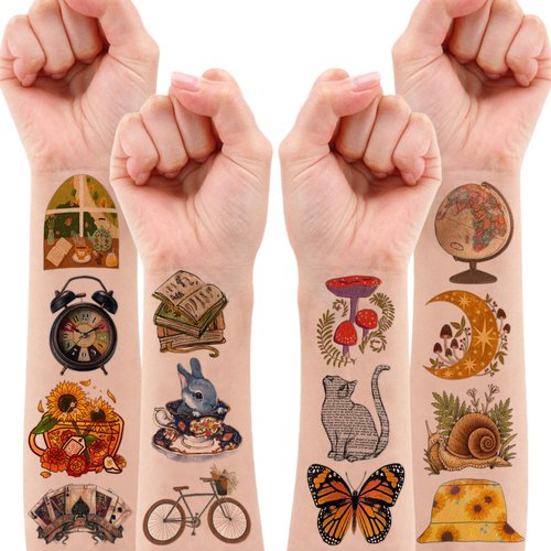 96 PCS Vintage Aesthetic Tattoo Stickers Temporary Tattoos Birthday Party Decorations Favors Supplies Decor Retro Boho Sticker Gifts for Kids Women Adults Girls Boys School Rewards Carnival Christmas