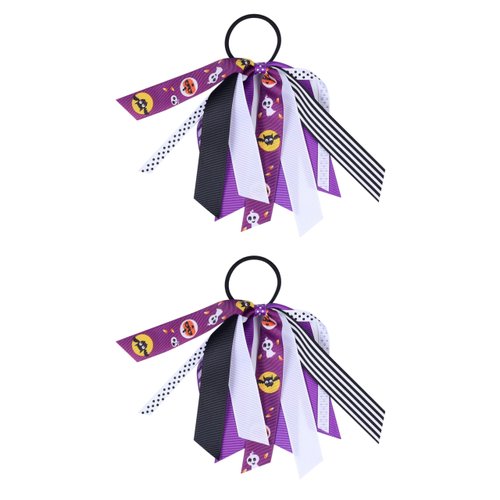Spenlly 2 Pcs Halloween Hair Bows for Women Girls, Long Ribbon Cheerleading Hair Tie Elastic Ponytail Holder Hair Ropes Hair Accessories for Halloween Party Decoration (Purple Black)