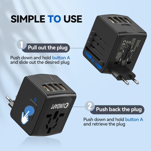Universal Travel Adapter, Unidapt International Plug Adapter with 4 USB Ports, Pin Converter Power Adaptor Charger for Travel in EU, UK, AU, US, Black