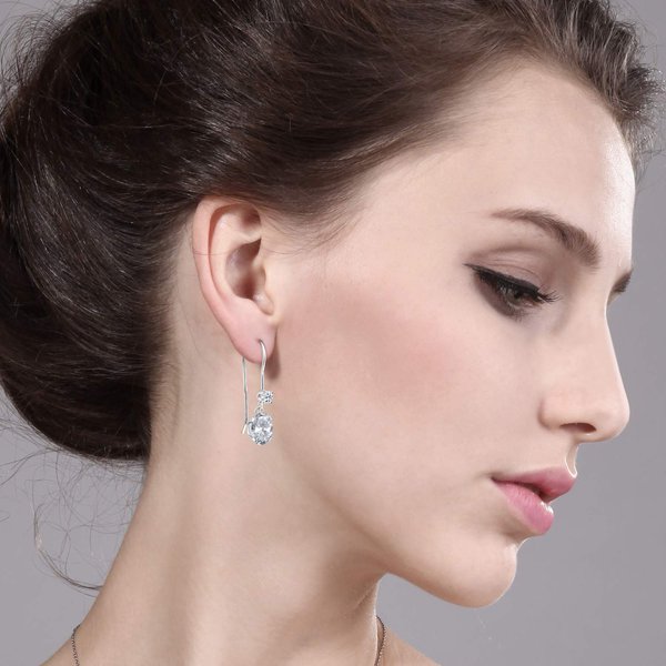 Gem Stone King 14K White Gold White Topaz French Wire Dangle Earrings For Women (1.26 Cttw, Gemstone November Birthstone, Oval 6X4MM and Round 2.5MM)