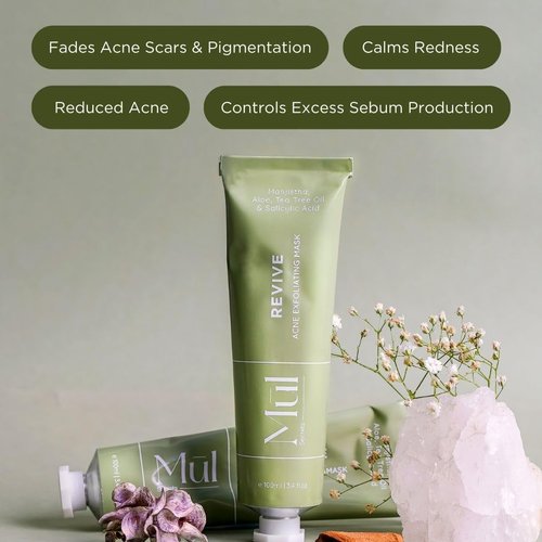 Mul Secrets Revive Exfoliating Acne Face Mask & Scrub 3.4 fl.oz - Sebum Rebalancing Mask with 2% Salicylic Acid, Manjistha & Aloe Vera - Treats Acne Prone Skin - Perfect for Oily, Combination Skin