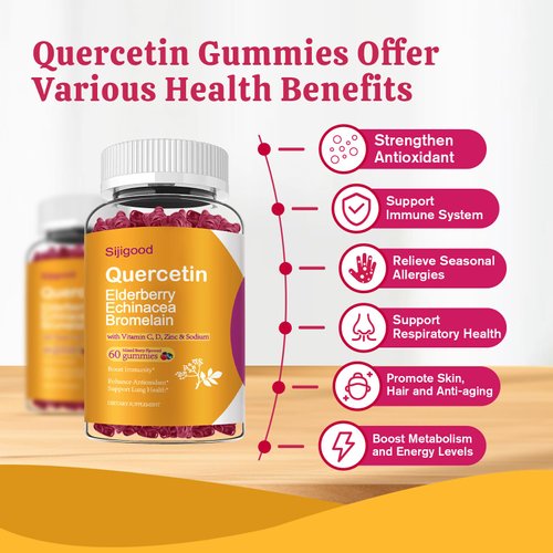 Quercetin Gummies with Bromelain, Elderberry, Echinacea, Vitamin C D Zinc - Immune System Support 60 Counts Pure Quercetin Gummies for Kids & Adults
